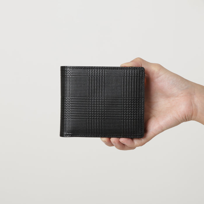 leathertone|栃木レザー グレンチェック型押し 二つ折り財布 片マチ付 BOX小銭入れ付 日本製